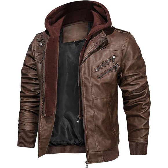 🆕 Men Brown Faux Leather Zipper Motorcycle Bomber Jacket Stand Collar PU Hood - Picture 3 of 7